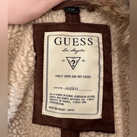 VTG Guess Coat Womens Large Y2K Faux Sherpa Fur Suede Long Length Brown - Picture 6 of 9